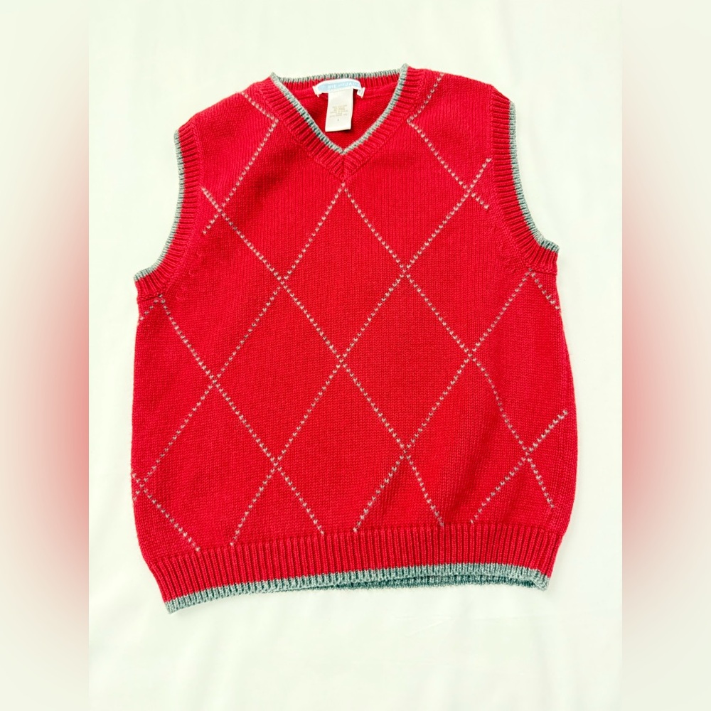 Janie and Jack Boys Red Argyle Sweater Vest Size 4 Cotton Wool V-Neck Preppy